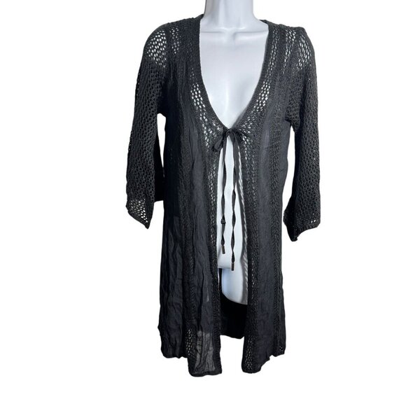 Elan crochet kimono cardigan coverup black ties in front size XS NWT - Picture 2 of 13